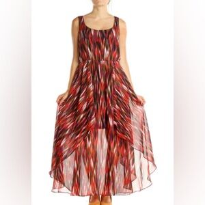 Calvin Klein Red and Black Patterned High Low Dress